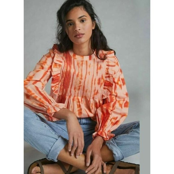 Anthropologie Samant Chauhan Emilia Ruffled Tie-Dye Blouse in Orange size XS - Picture 1 of 9